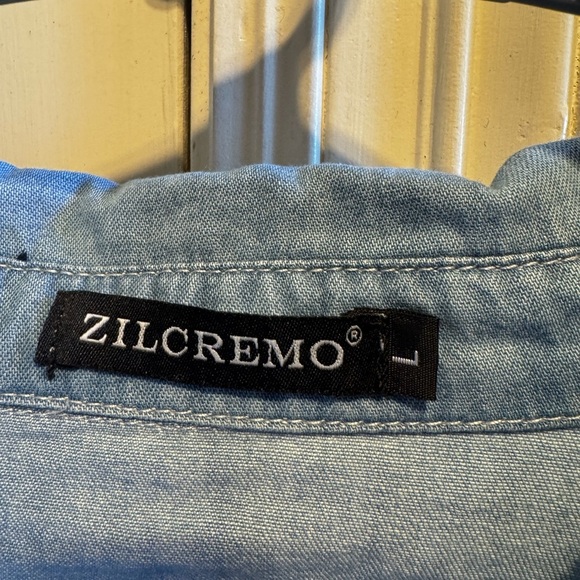 Zilcremo Women Denim Button Down Shirt Dress Long Sleeve Distressed Jean Sz L - Picture 8 of 15